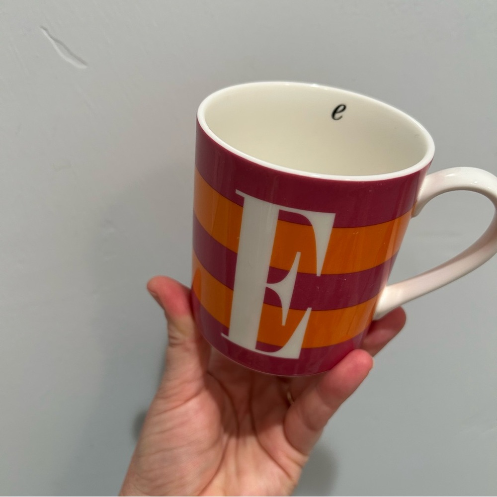kate spade ‘E’ Initial Wickford Red Letter Day Colorful Striped Mug Orange Pink - Picture 1 of 6